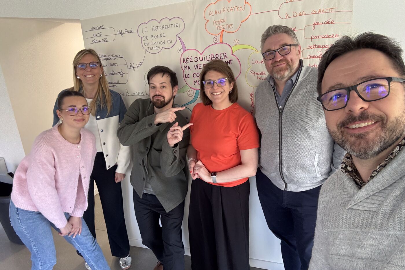 Groupe de participants à la fin d'une formation, devant la carte heuristique construite ensemble