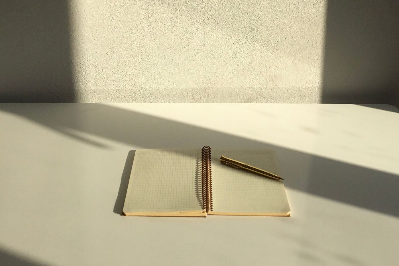 Carnet ouvert et stylo sur un bureau baigné de lumière